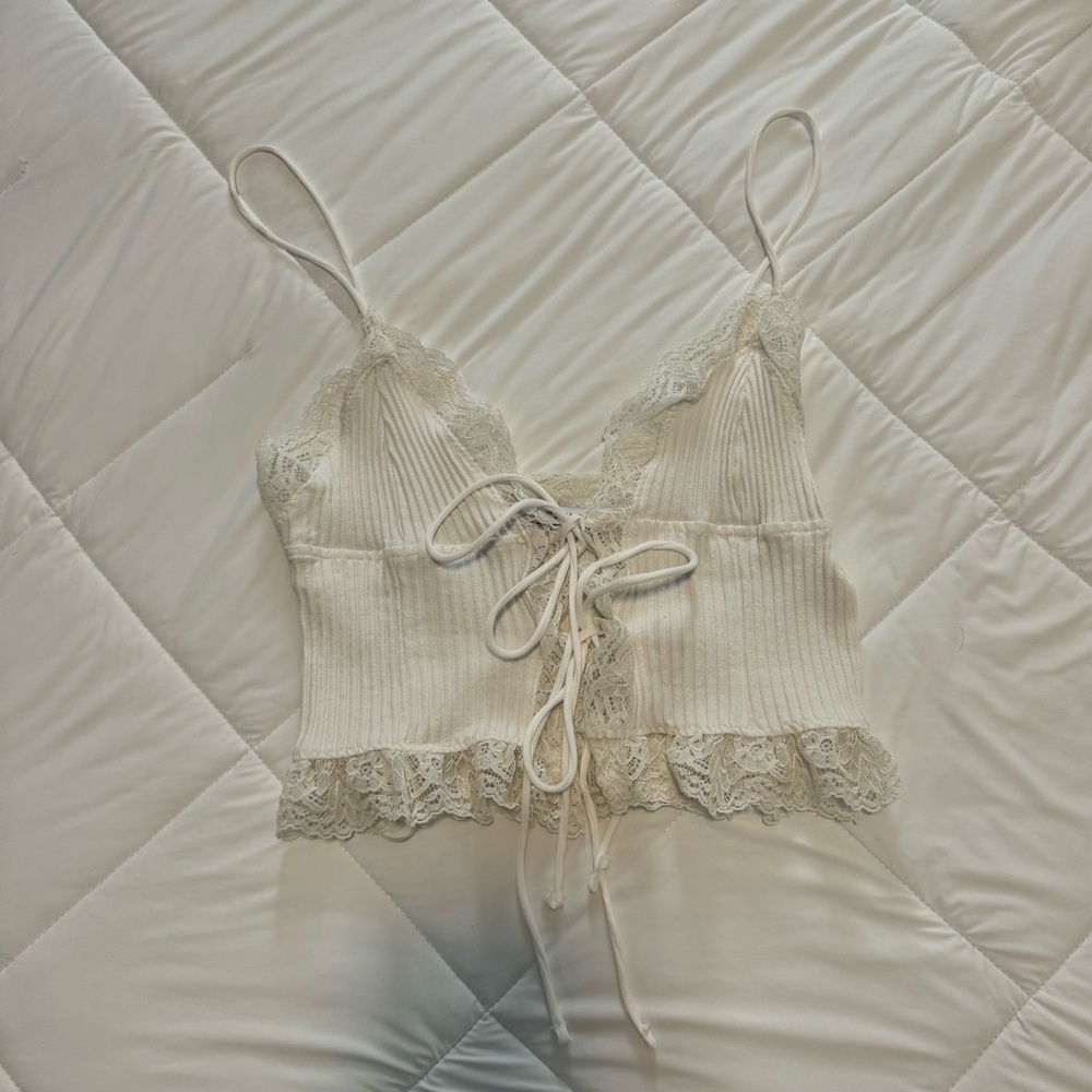 White Zara Double Tie Front Lace Tank Top
